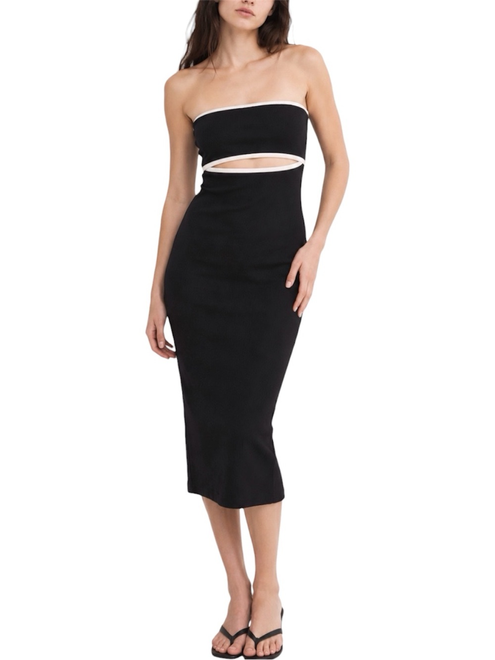 M Tyche Black Ribbed Strapless Cutout Bodycon Midi Dress